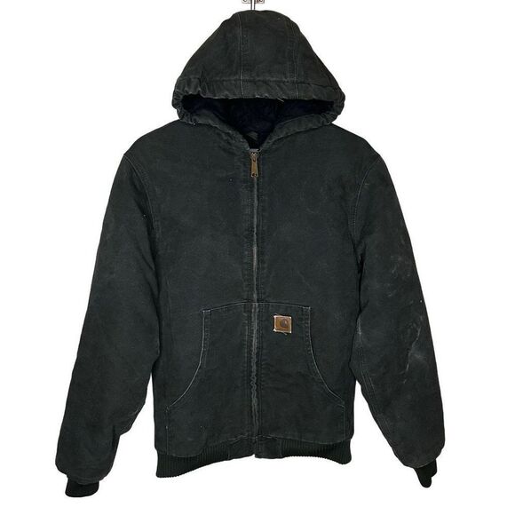 VTG Carhartt J130 Moss Green Zip Up Hooded Work Jacket Size XL 14/16 Youth - Picture 1 of 5